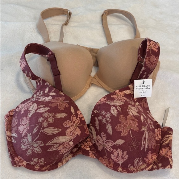 Anne Klein Full Figure Bra Set burgundy floral/neutral tan size triple hook 40D - Picture 1 of 6